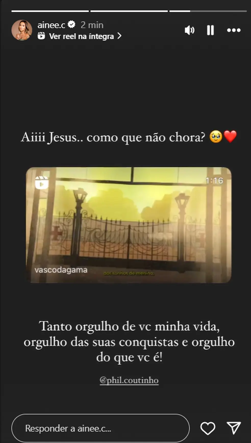 captura-de-tela-2024-07-10-123947 Ainê Coutinho celebra regresso do marido ao Vasco da Gama: 'Estou muito orgulhosa de você' — Foto: Reprodução/Instagram