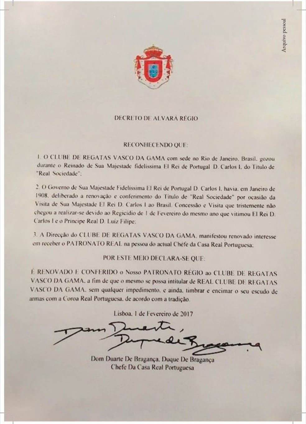 Alvará Régio entregue pela Casa Real Portuguesa ao Vasco — Foto: Reprodução