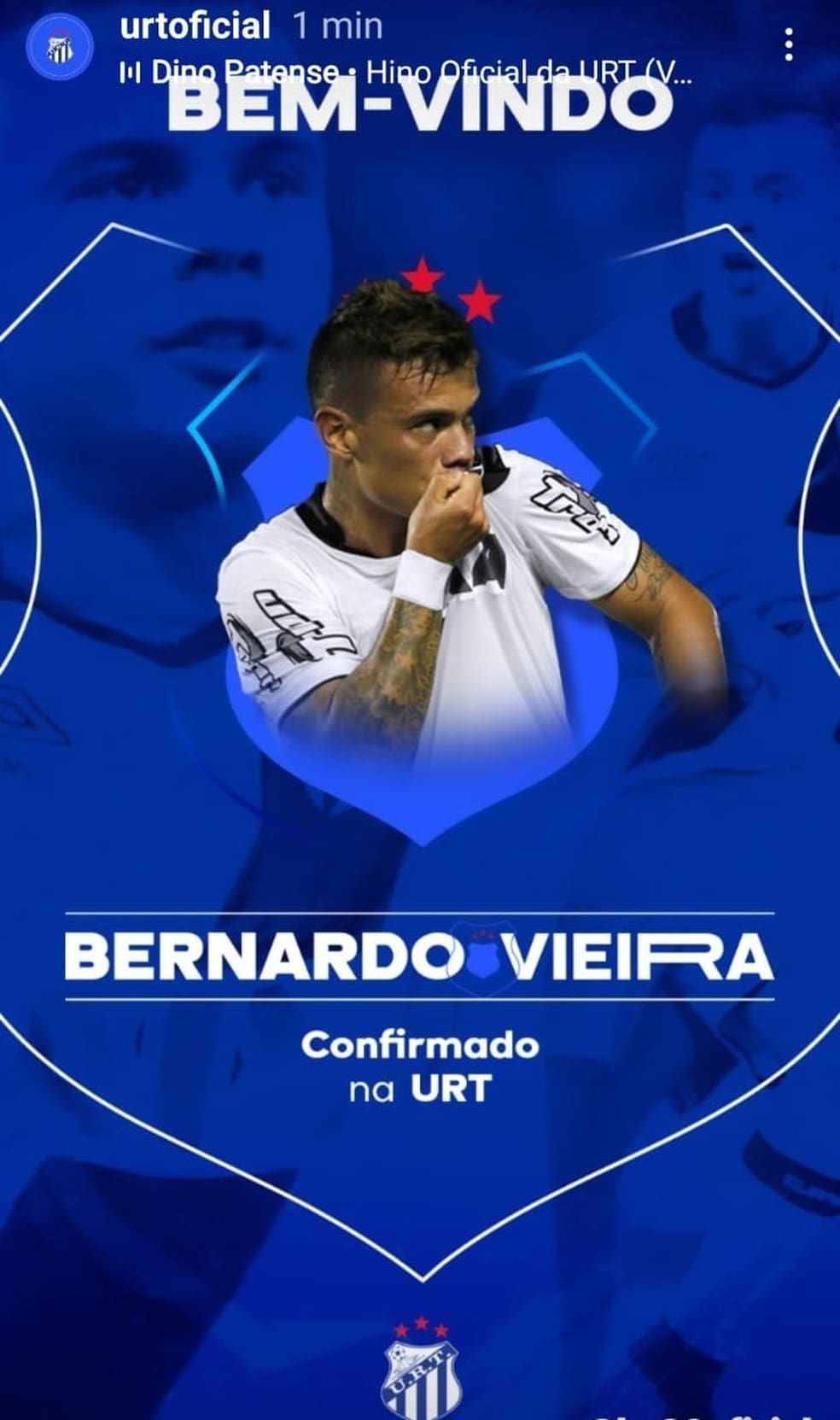 Bernardo Vieira é anunciado pela URT de Patos de Minas — Foto: URT/Divulgação