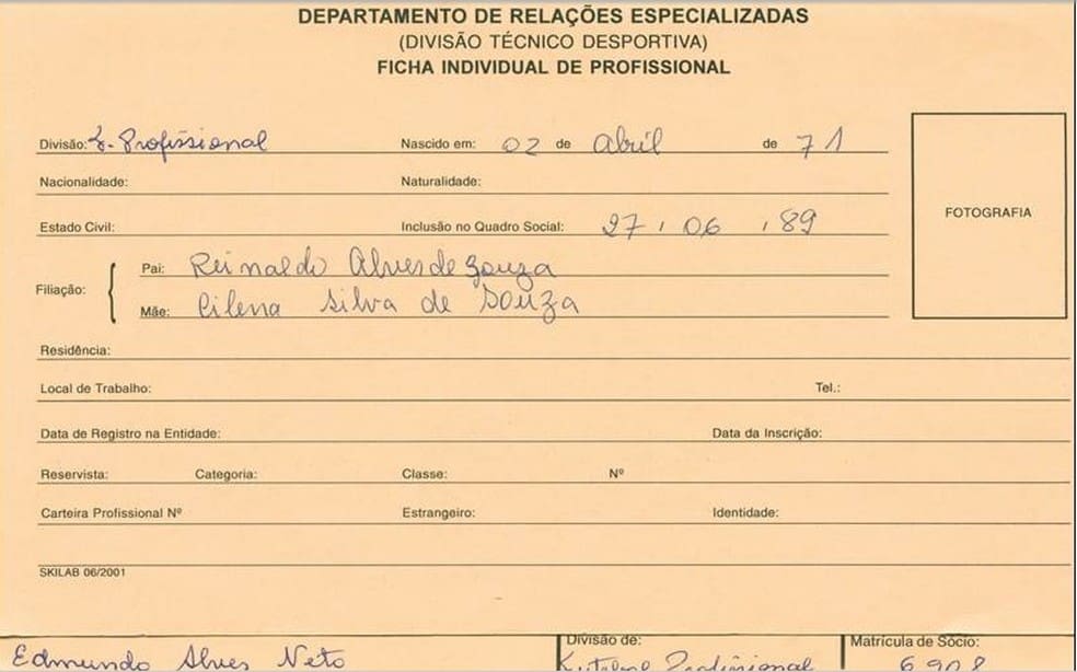 Ficha de Edmundo, no Vasco — Foto: Acervo Digital do Vasco