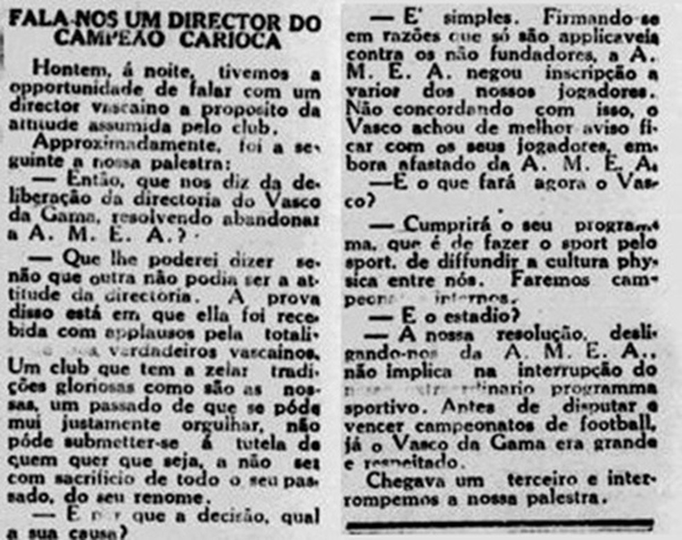 Jornal 'O Brasil' conversa com diretor do Vasco após Resposta Histórica — Foto: Biblioteca Nacional Digital