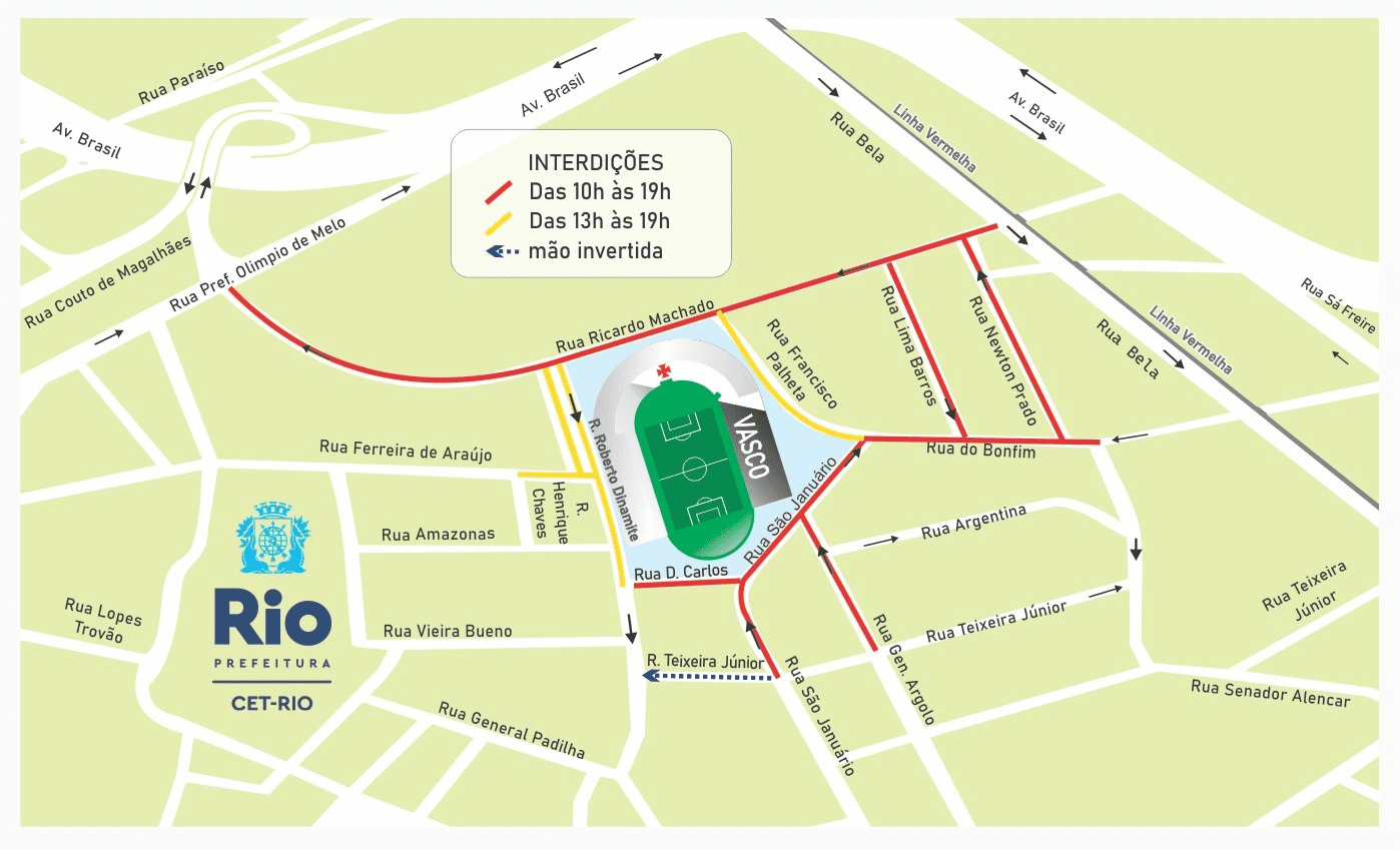 As alterações no trânsito ao redor de São Januário para o jogo entre Vasco e Criciúma, no sábado (27/4) - Ilustração/CET-Rio