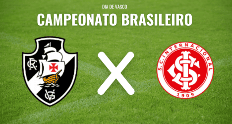 Imagem de duas logos de times de futebol em campo, com fundo de grama, destacado o encontro entre Vasco e Internacional.