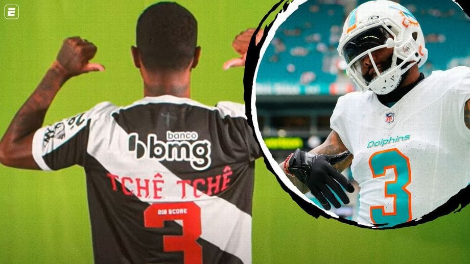 20250107-155022-1-fa-de-nfl-novo-reforco-do-vasco-tche-tche-vai-usar-a-camisa-3-no-clube-mesmo-numero-de-odell-beckham-jr-wide-receiver-do-miami-dolphins-fotos-reproducaovasco-tv-rich-storrygetty-imag Fã de NFL, novo reforço do Vasco Tchê Tchê vai usar a camisa 3 no clube, mesmo número de Odell Beckham Jr., wide receiver do Miami Dolphins - Fotos: Reprodução/Vasco TV / Rich Storry/Getty Images