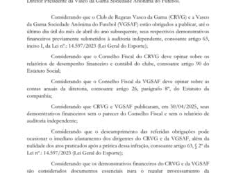 Grupo de investidores solicita que Vasco SAF e CRVG reinstalem seus balanços financeiros.