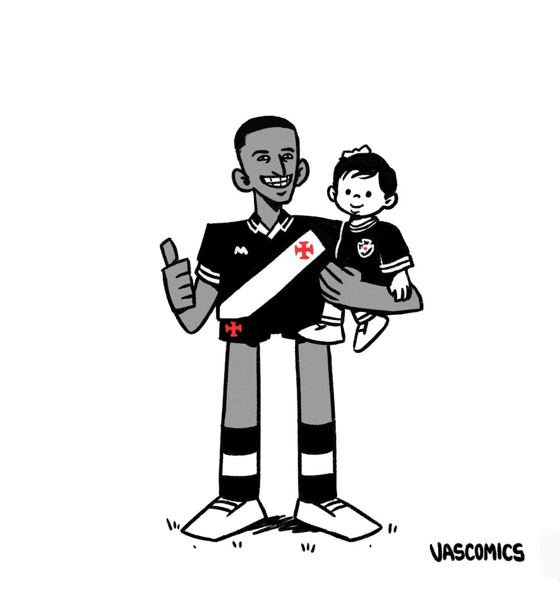 Vasco jogador sorrindo com torcedor na torcida, usando uniforme.