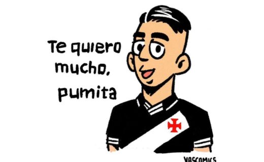 Desenho estilizado de torcedor do Vasco com camiseta preta e branca, sorriso e frase "Te quero muito, pumita".