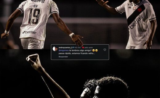 Jogadores do Vasco comemorando, com destaque para o uniforme branco com detalhes pretos.