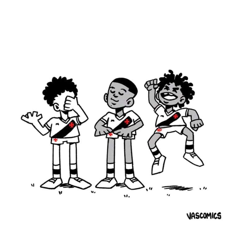 Vasco com três torcedores adolescentes em uniforme branco com faixa preta.