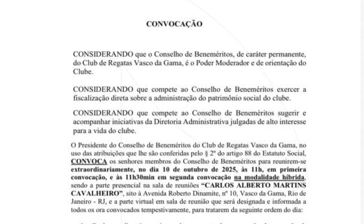 Convocação do Conselho de Beneméritos do Vasco.