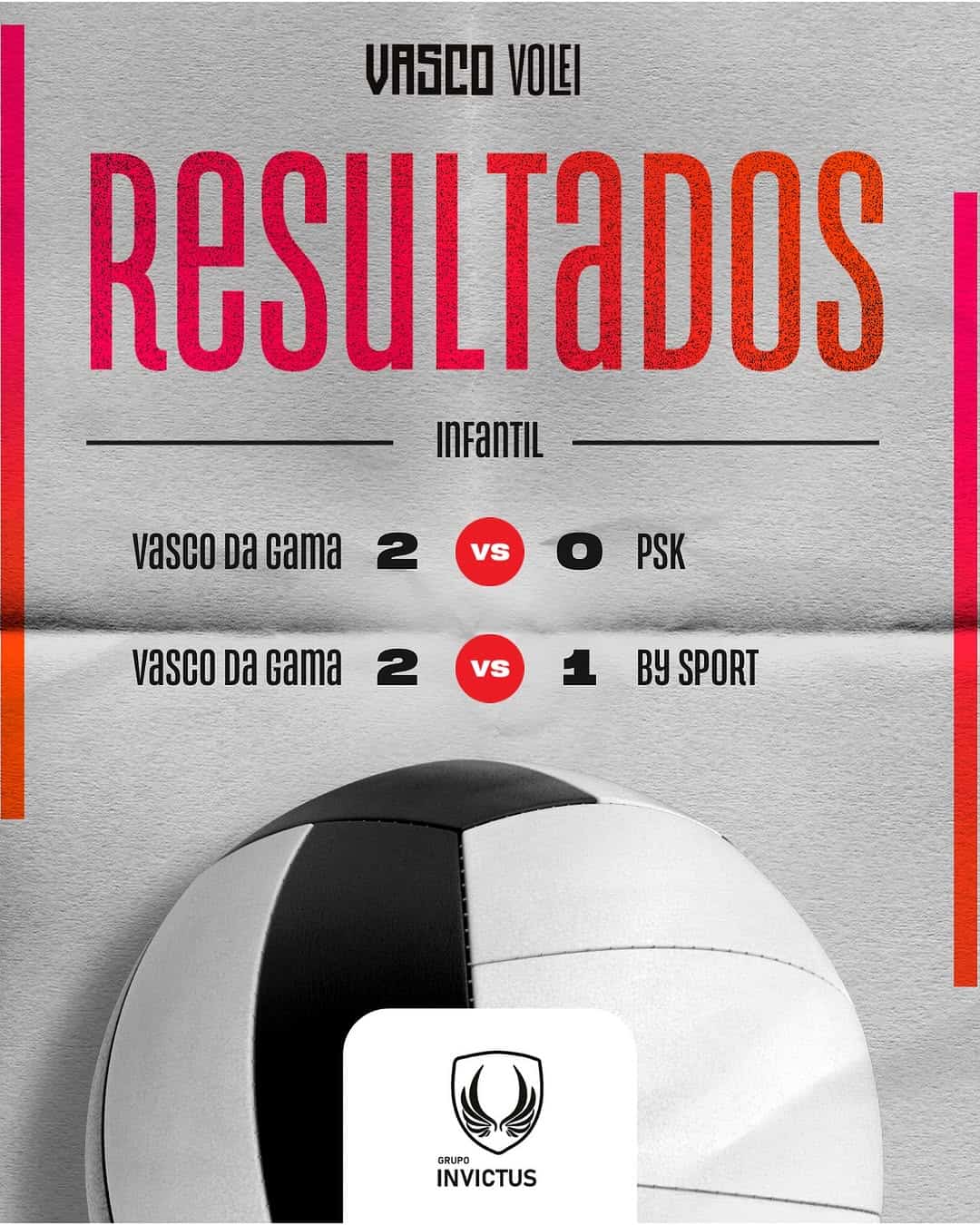 Resultado de jogo infantil Vasco vs PSK e Vasco vs By Sport com placares de 2 a 0 e 2 a 1.