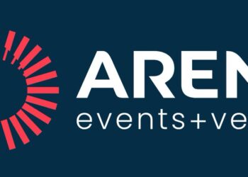 LOGO de Arena Events + Venues, formato circular com linhas vermelhas sobre fundo azul escuro.