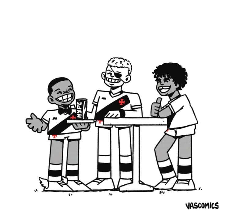 Vasco da Gama com amigos, rindo com comemoração.