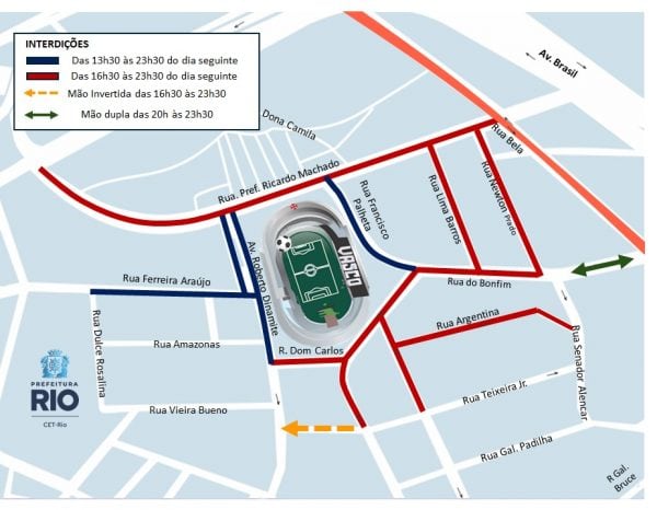 Estádio do Vasco com acessos e interdições no entorno.