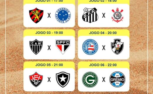 Campeonato de futebol com logos de times e horários dos jogos.