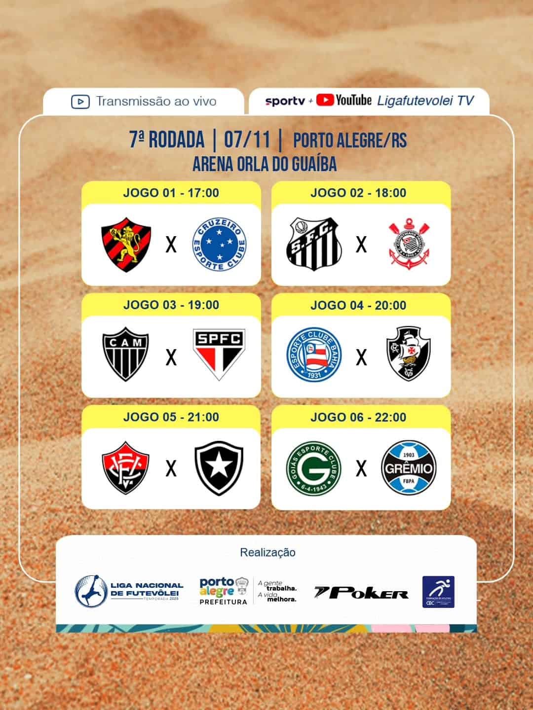 Campeonato de futebol com logos de times e horários dos jogos.