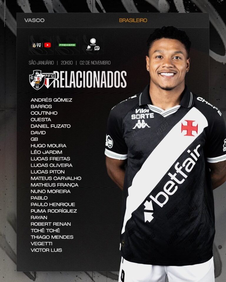 Relacionados elenco do Vasco com jogador usando uniforme preto e branco.