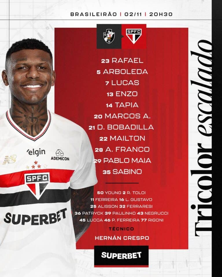 Rafael vestido com uniforme do São Paulo Futebol Clube.
