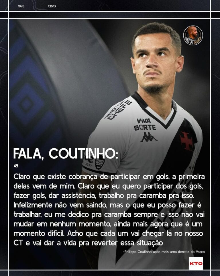 Coutinho em destaque com uniforme do Vasco; fundo de estádio desfocado.