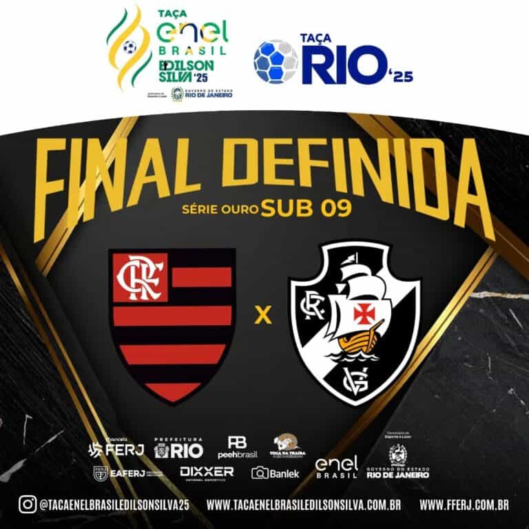 Final definida entre Flamengo e Vasco na final do Campeonato Sub 09 do Torneio Enel Brasil 2025. As equipes se enfrentam na disputa pelo título nesta competição de futebol juvenil organizada pelo Governo do Estado do Rio de Janeiro.