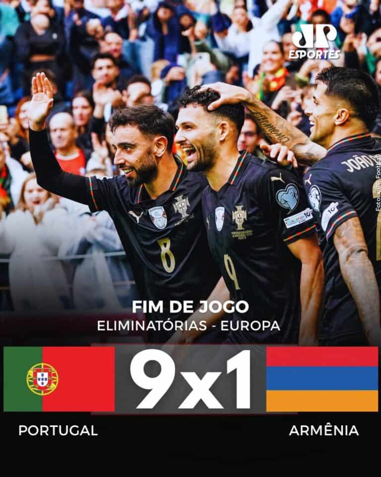 Resultado de uma partida de futebol entre Portugal e Armênia, com placar 9x1, mostrando jogadores comemorando na torcida.