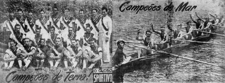 Campeões de mar e terra | Equipe do Vasco com camisetas listradas em barco no rio | Foto histórica de times campeões do Vasco, mostrando jogadores em campo e em barcos, celebrando títulos de mar e terra, símbolo da história do clube | Imagem antiga do time campeão Vasco, incluindo jogadores de futebol e remadores em ataque comemorando diversas conquistas | Relevância.