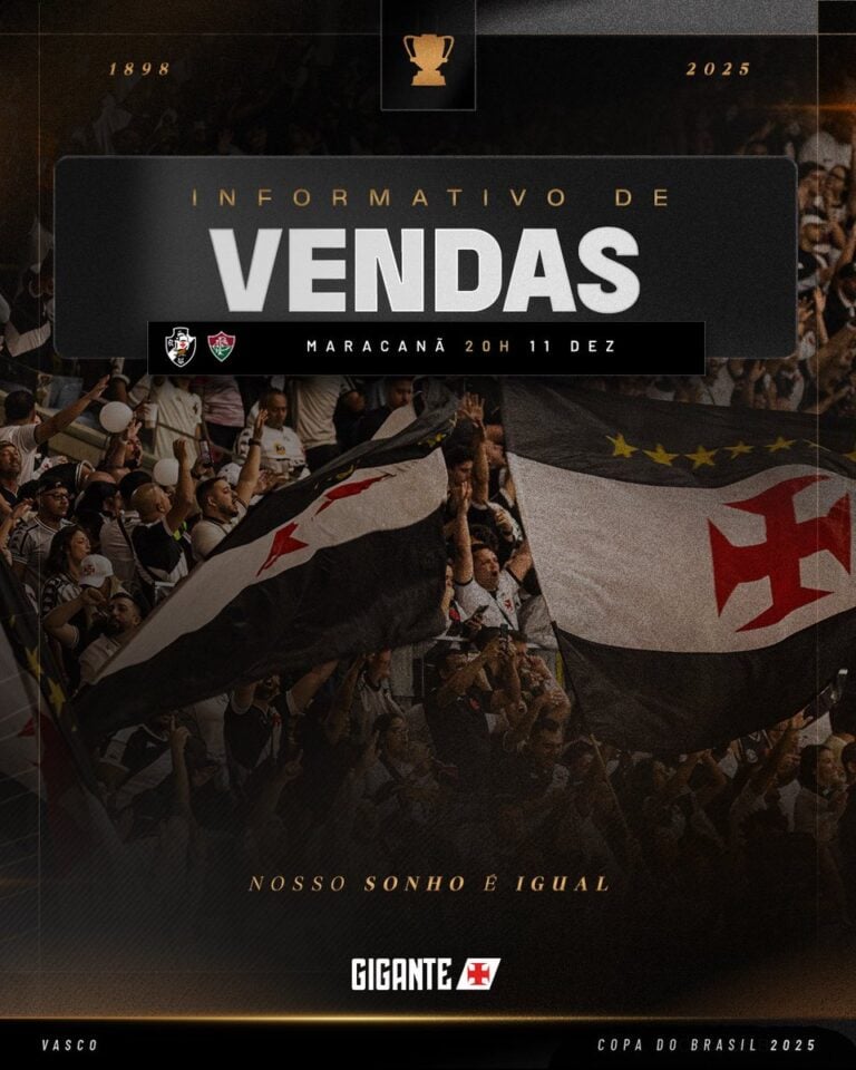 Cartaz de vendas de ingressos para jogo do Vasco no Maracanã, com torcida ao fundo exultante, em evento de Copa do Brasil 2025.