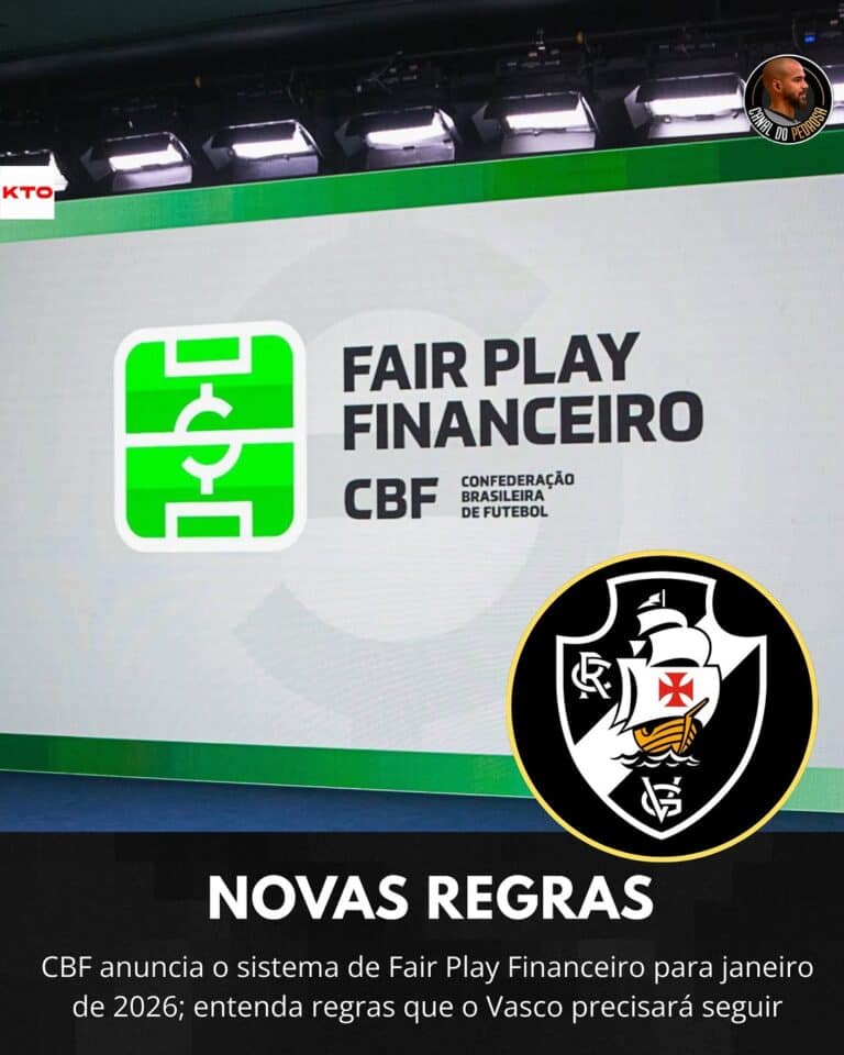 Texto alternativo: Placa digital com anúncio do sistema de Fair Play Financeiro da CBF, informações sobre regras e regulamentos para o futebol brasileiro em janeiro de 2026.