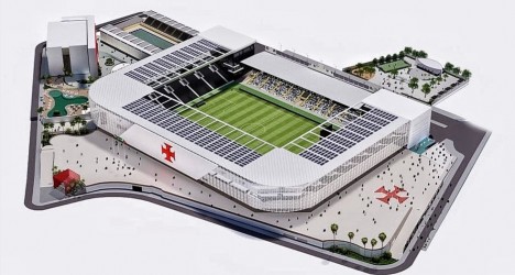 Vislumbre do novo estádio do Vasco com gramado e arquibancadas.