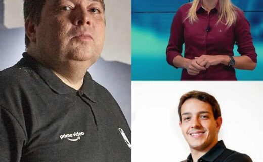 2. Alt: Três apresentadores de TV em estúdio, um homem e duas mulheres, todos sorrindo e com aparência profissional.