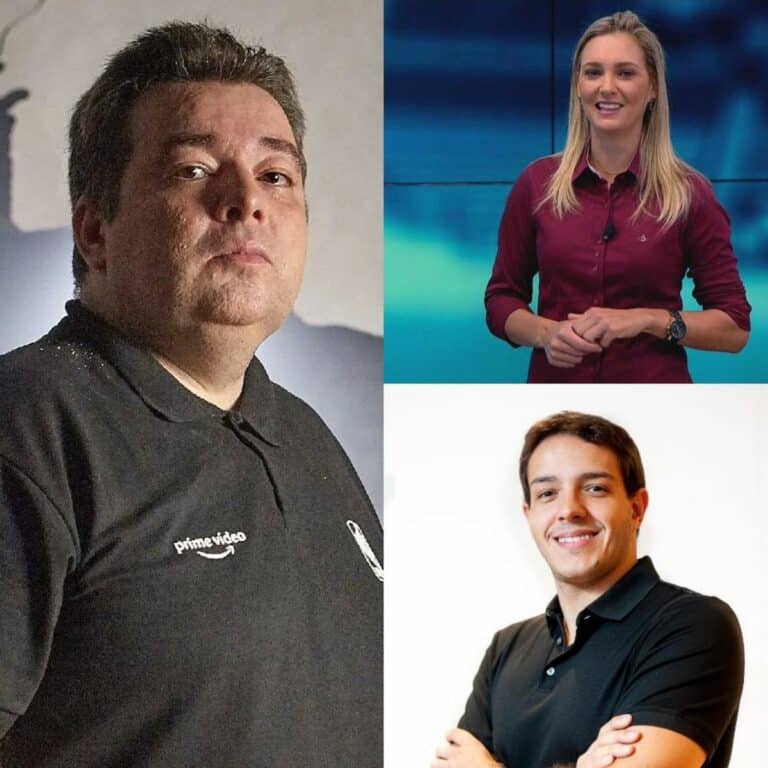 2. Alt: Três apresentadores de TV em estúdio, um homem e duas mulheres, todos sorrindo e com aparência profissional.