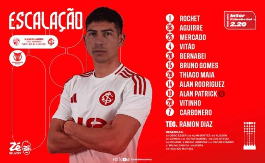 Jogador vestido com uniforme branco com detalhes vermelhos, braços cruzados, fundo vermelho com esquema tático.