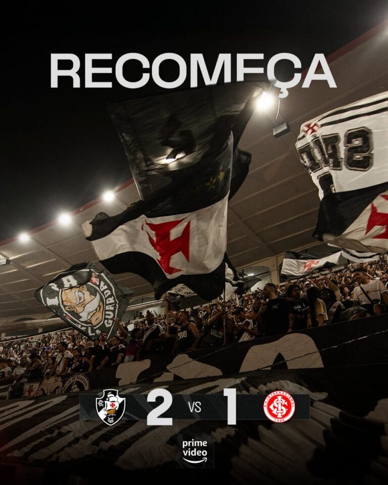 Vasco vence por 2 a 1, torcida animada com bandeiras e fogos.
