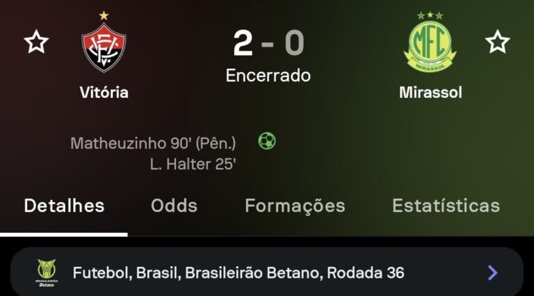 Imagem mostra resultado de futebol, vitória do Vasco sobre o Mirassol por 2 a 0.