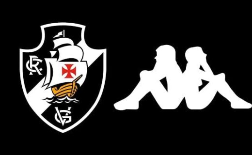 Logos do clube Vasco da Gama e da marca Kappa lado a lado, em fundo preto.