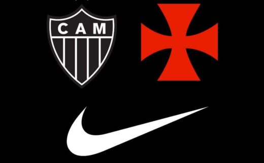 2. ALT: Imagem com escudo do Vasco, símbolo da cruz de malta e logotipo da Nike em fundo preto.