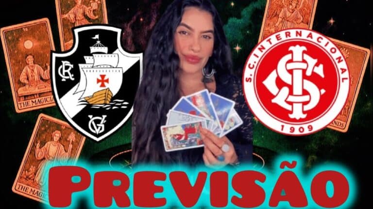 Imagem de mulher segurando cartas de tarot com logos de times de futebol no fundo.