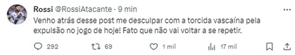 Rossi pede desculpas à torcida do Vasco por expulsão