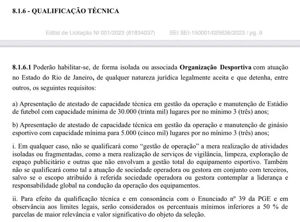 Termo do edital questionado pelo Vasco